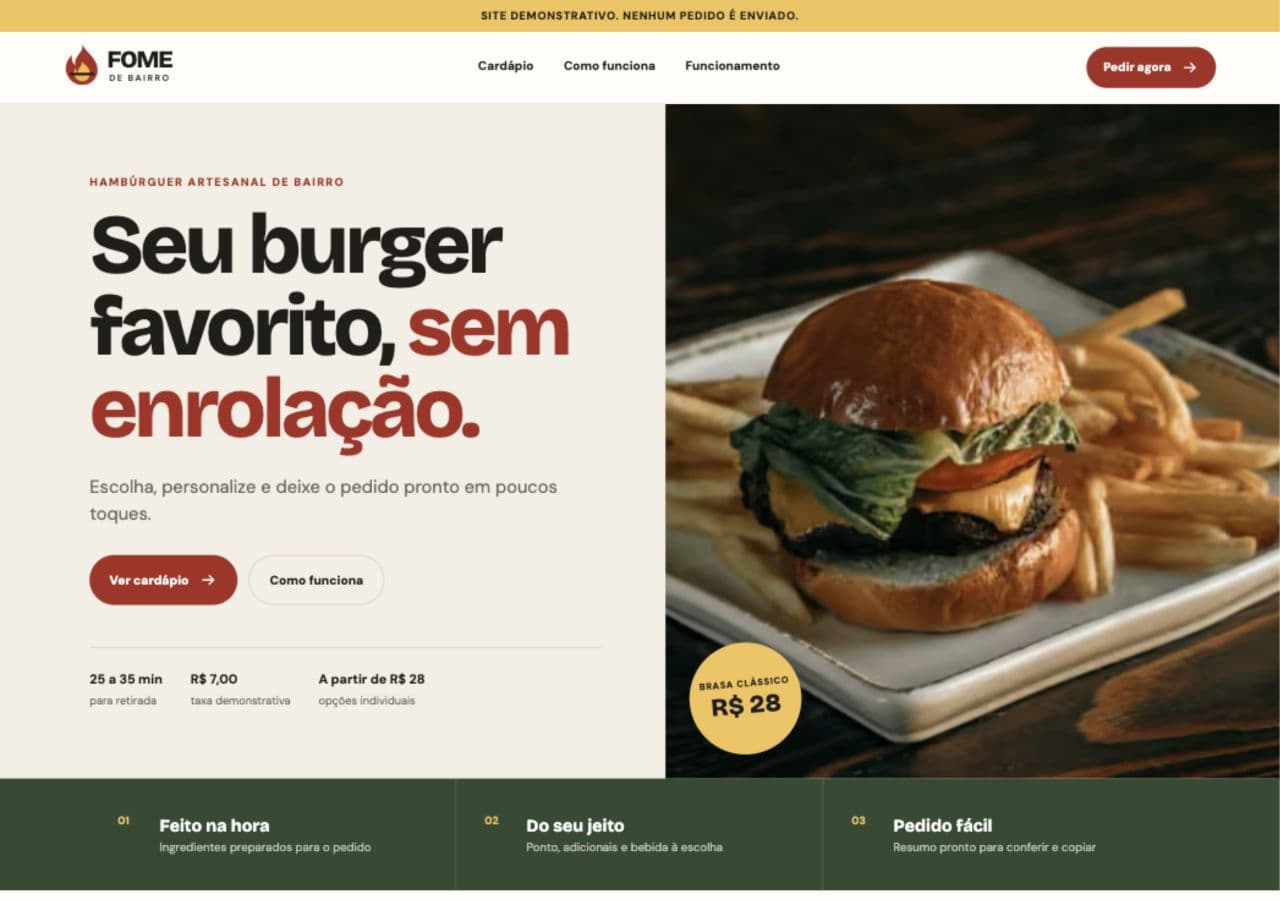 Página do demo Fome de Bairro, com cardápio e foto de hambúrguer artesanal